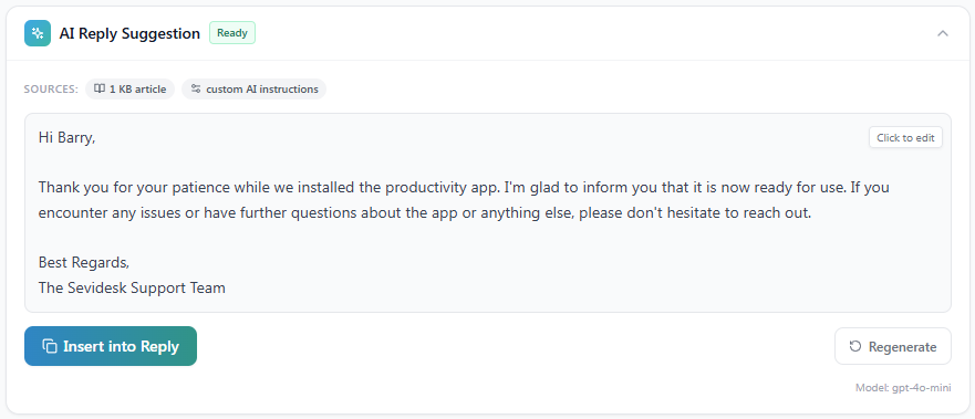 AI Reply Suggestion panel showing a generated support response